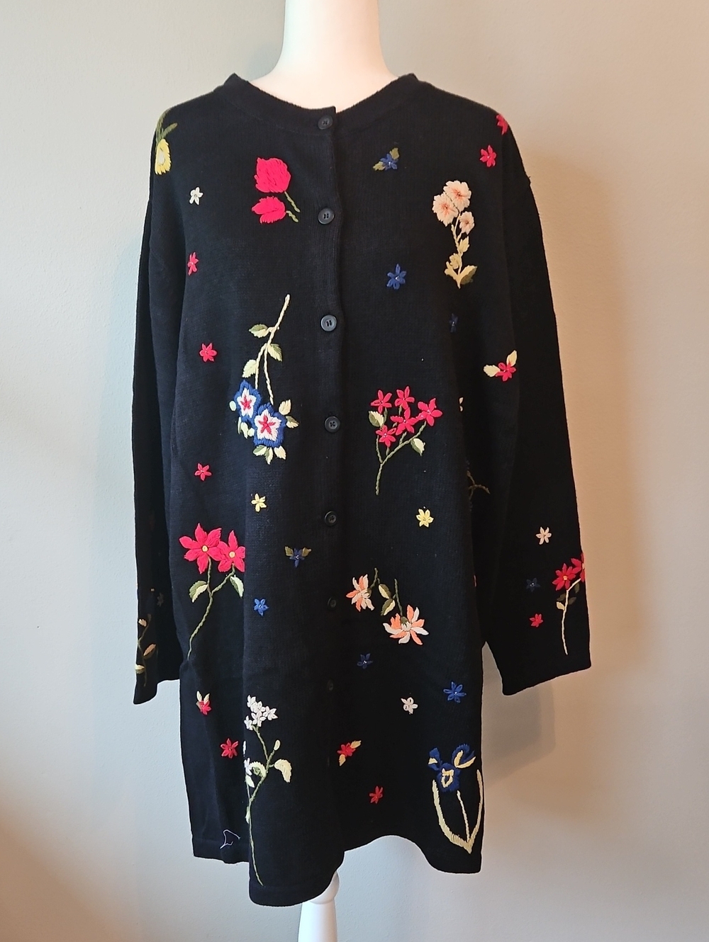 Black Floral Embroidered Button-Front Cardigan Sweater QVC